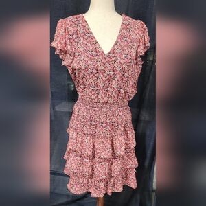 MSK Petite Floral Chiffon Dress Navy Pink Ruffle Tiered NWT PL